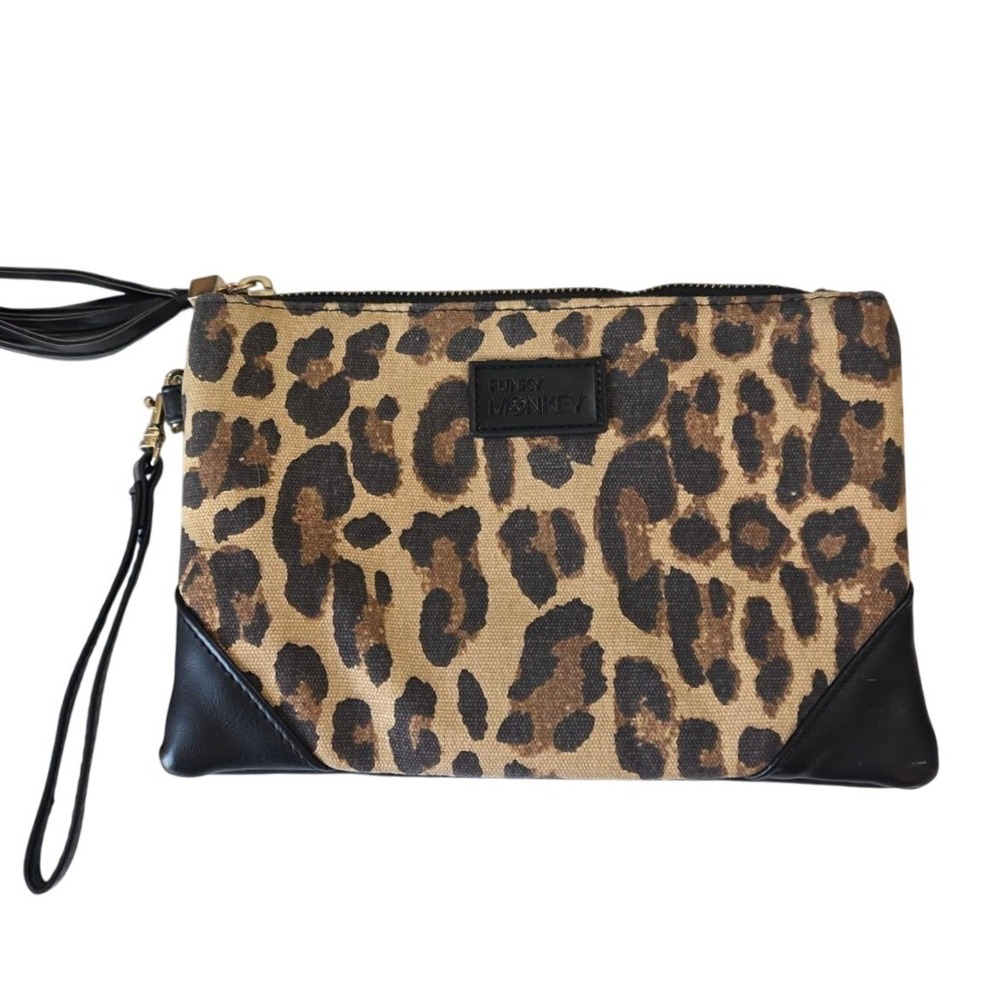 Funky Monkey Leopard Print Canvas Black Faux Leather Wristlet‎ Clutch Tassel Bag